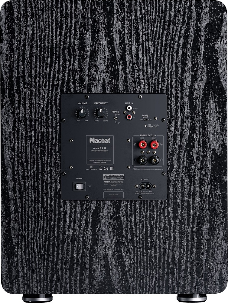 Subwoofer med kontroller och anslutningar på baksidan, svart finish.