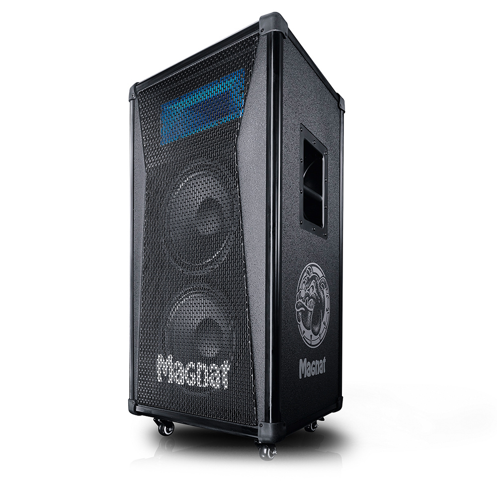 Stor svart högtalare med två främre högtalarelement och nätgaller.