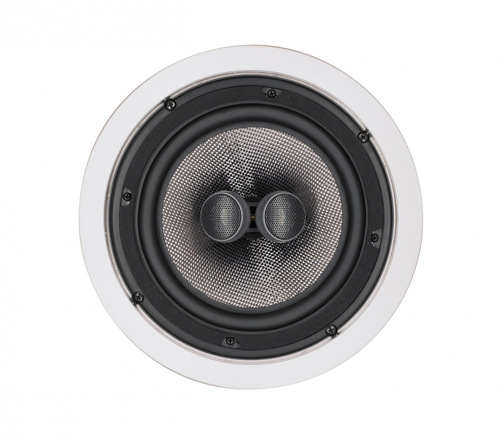 Inbyggnadshögtalare med rund design och galler i metall.