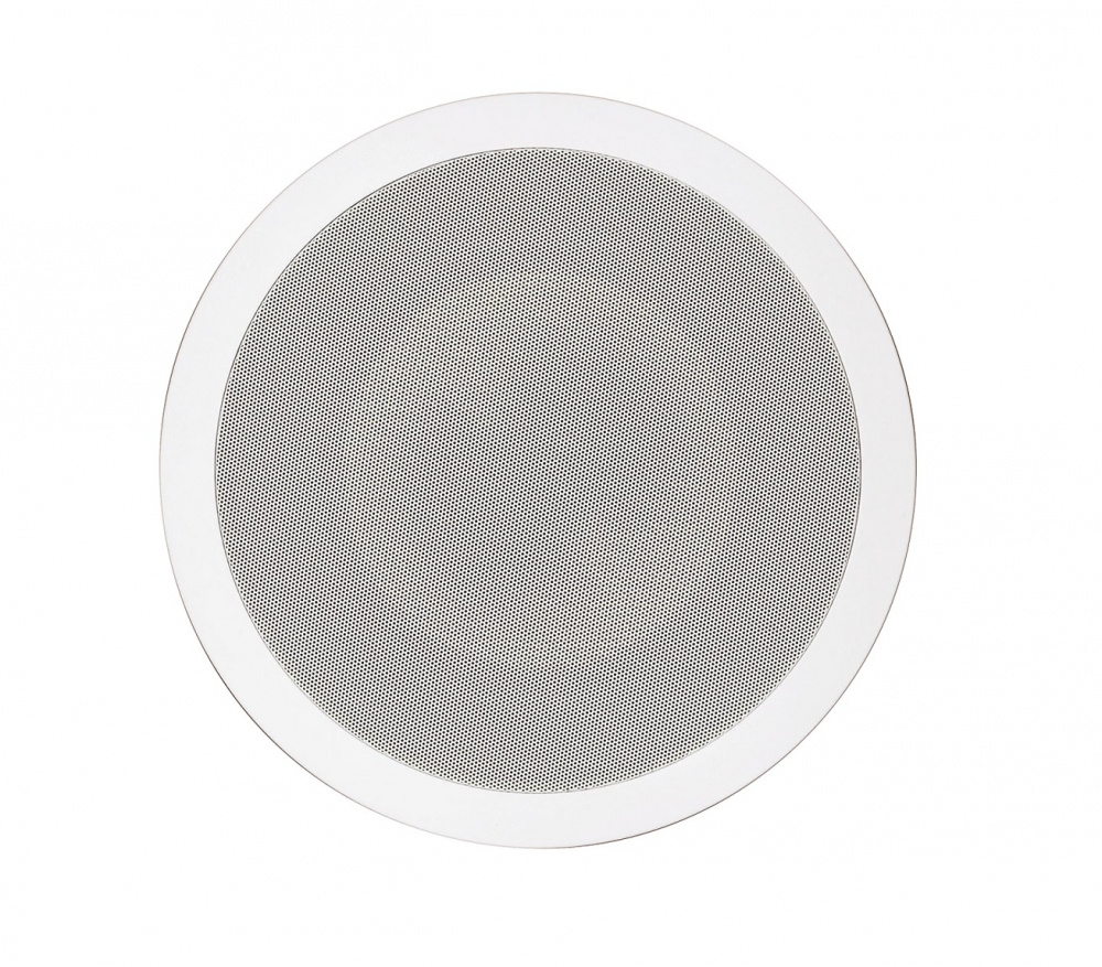 Inbyggnadshögtalare för tak med rund gallerstruktur.