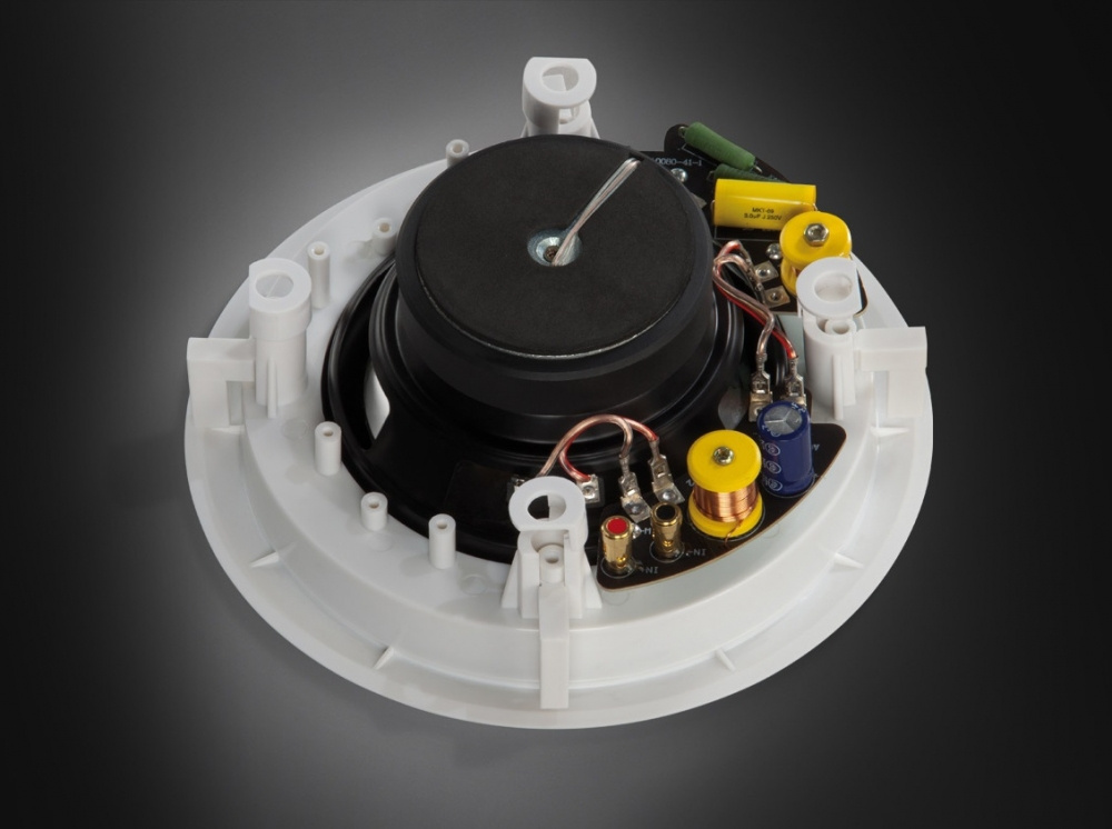 Inbyggnadshögtalare med elektroniska komponenter och svart membran.