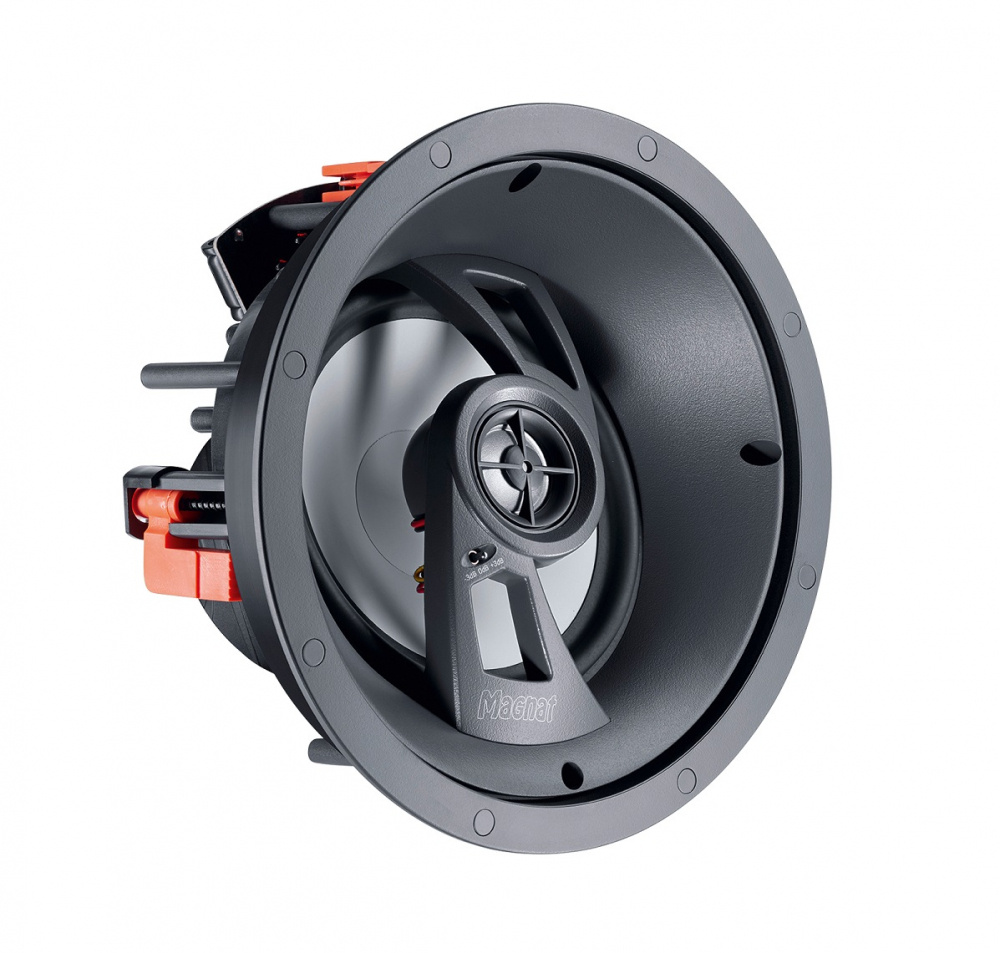 Inbyggnadshögtalare med rund design och tydlig ljudstruktur.