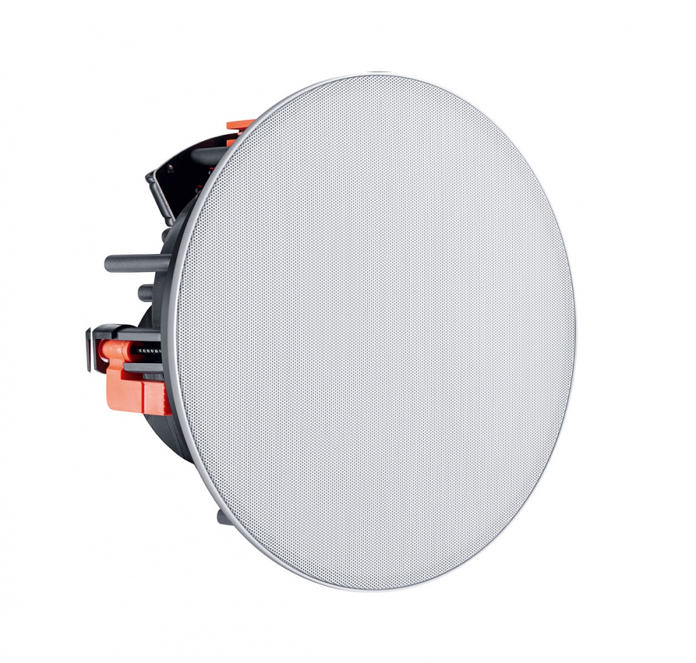 Inbyggnadshögtalare med rund grill och justerbart fäste.