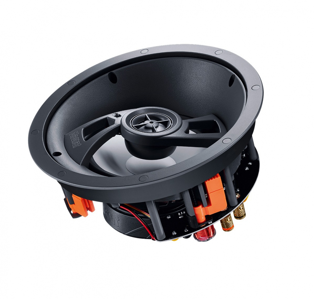 Inbyggnadshögtalare med rund design och anslutningar för installation.