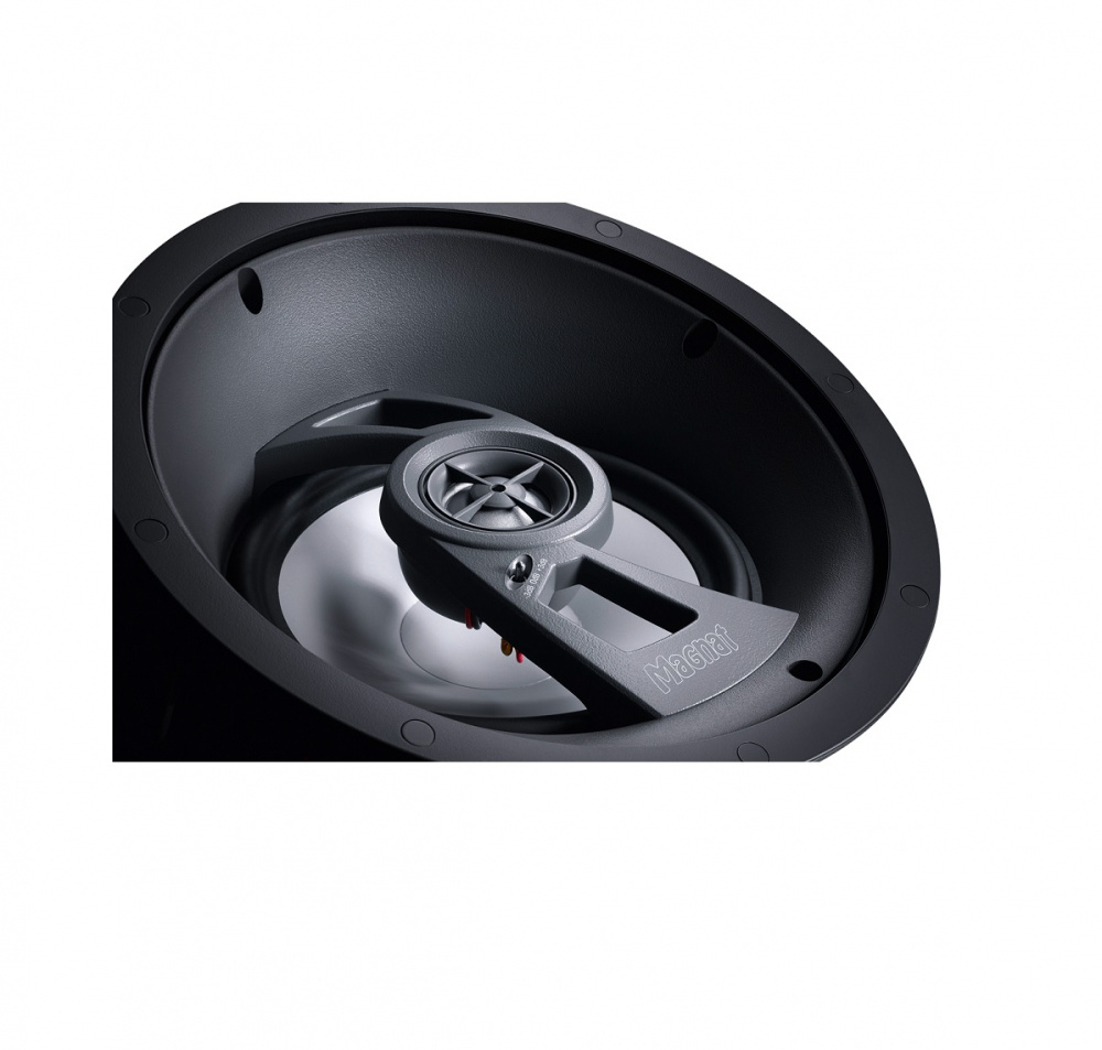 Inbyggnadshögtalare med en rund design och synlig elementstruktur.