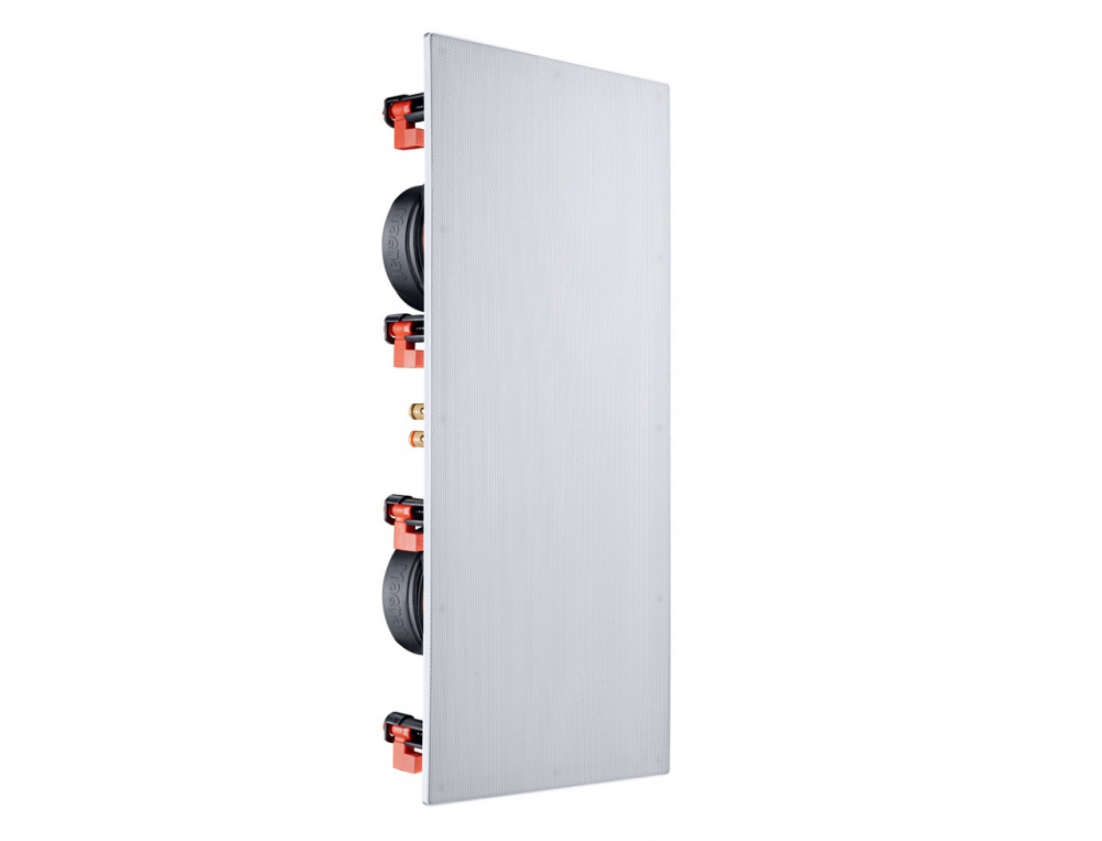 Inbyggnadshögtalare med slät front och dubbla element för ljudåtergivning.