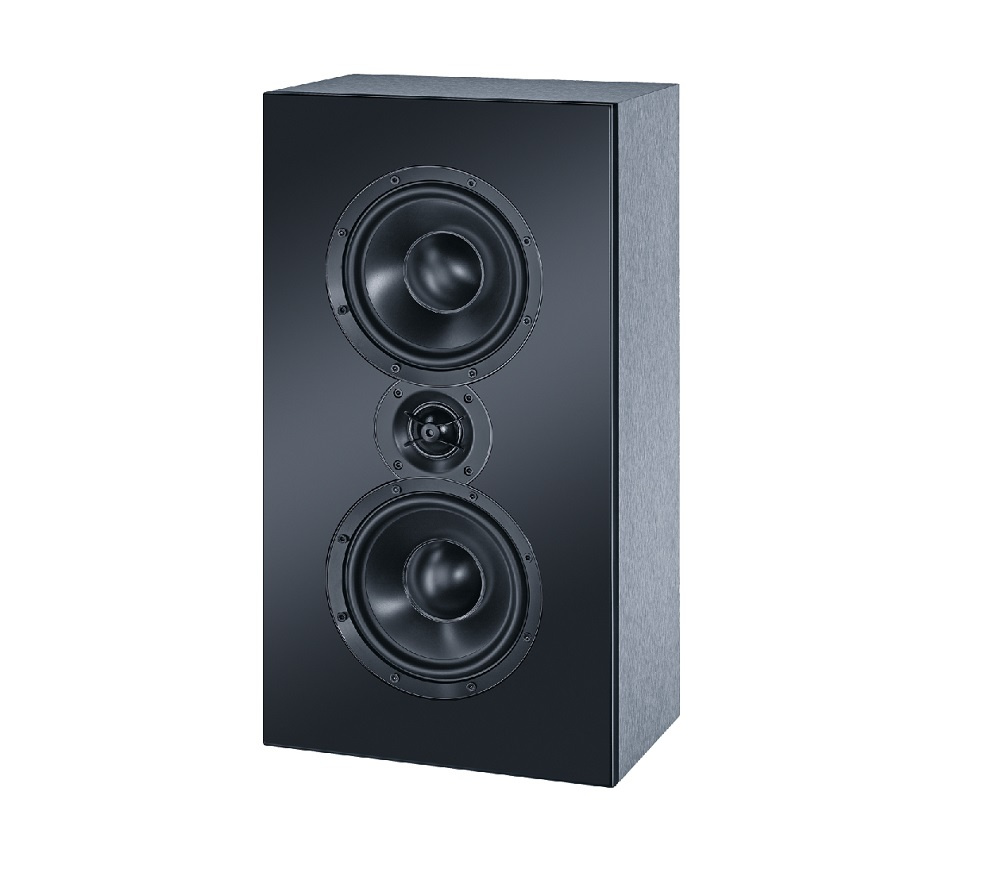 Högtalare med två basar och en diskant, svart finish.