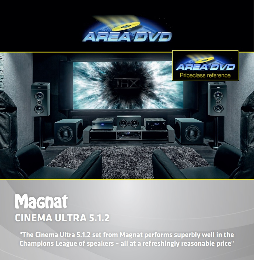 En modern hemmabio med högtalare och stor tv. Produkten är Magnat Cinema Ultra 5.1.2.