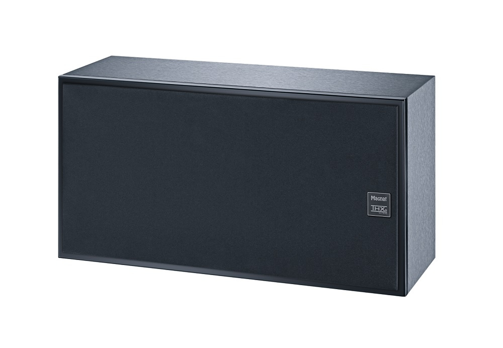 Svart ljudhögtalare med grå front och THX-logotyp.