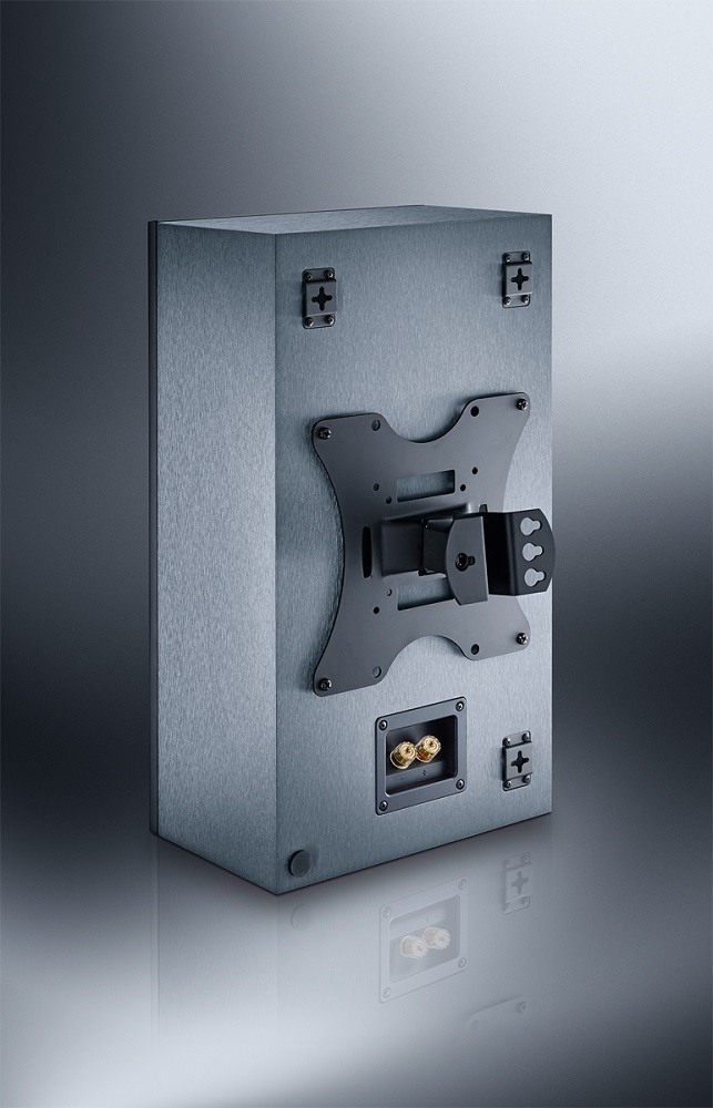 En grå högtalare med fäste och anslutningar.