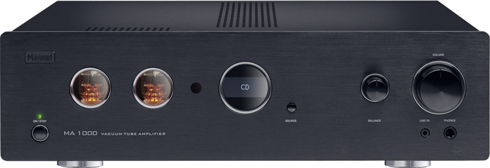 Svart rörförstärkare med runda rör, volymreglage och ingångar.