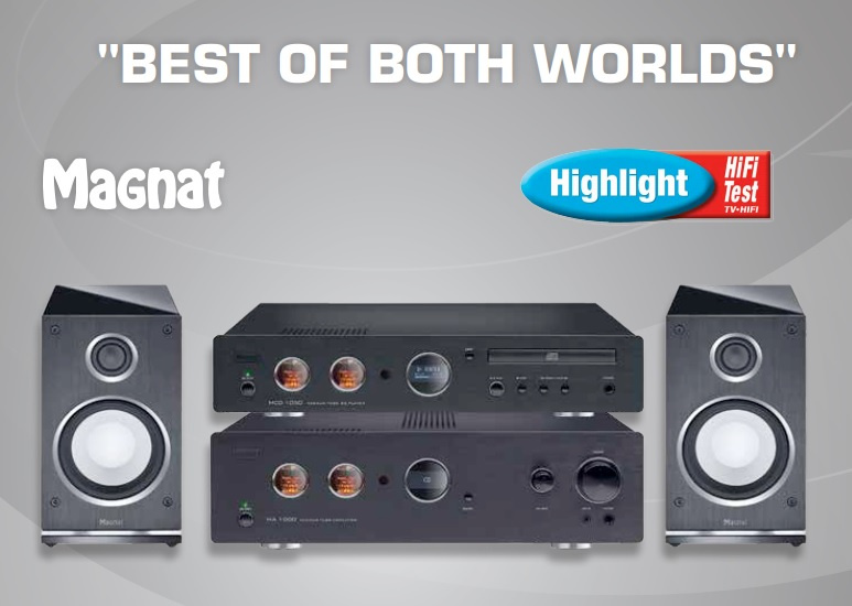 En rörbaserad förstärkare med högtalare och logotyper för Magnat och HiFi-test.