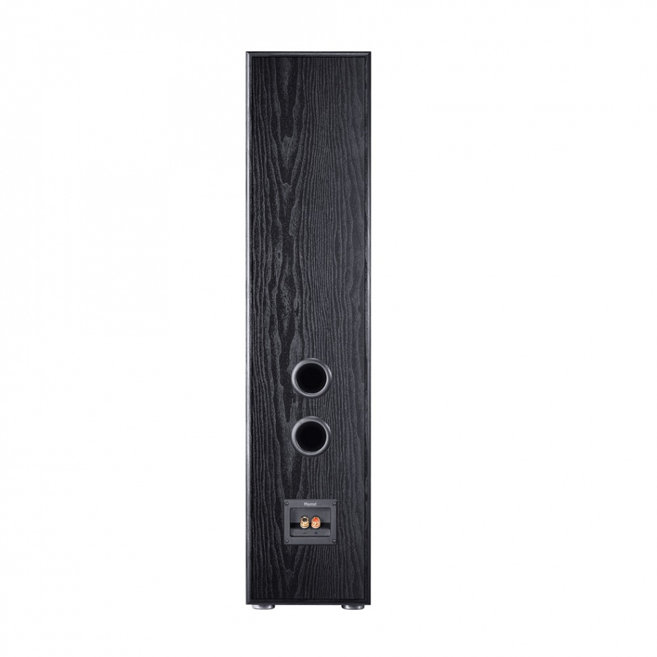 Golvhögtalare i valnöt med två basportar och anslutningsterminal.