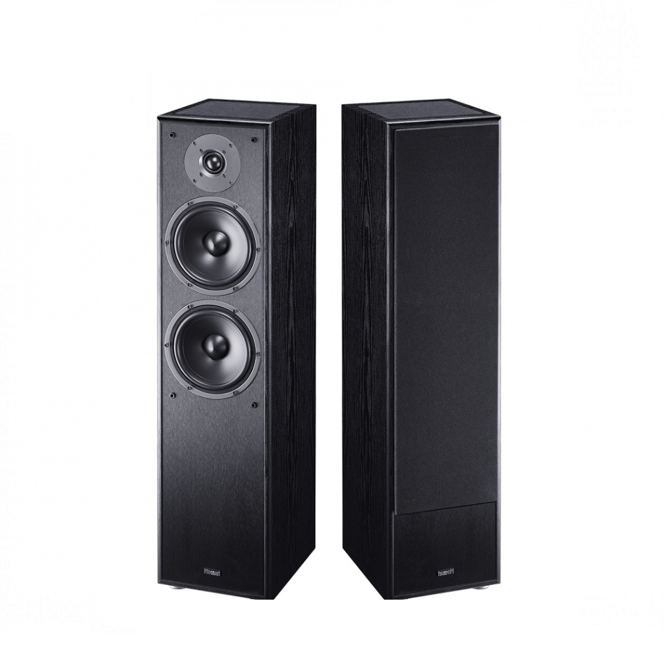 Golvhögtalare i svart med två basar och högtonshögtalare för Dolby Atmos.