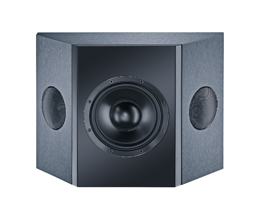 En hörnmonterad högtalare med en stor basenhet och två mindre element.