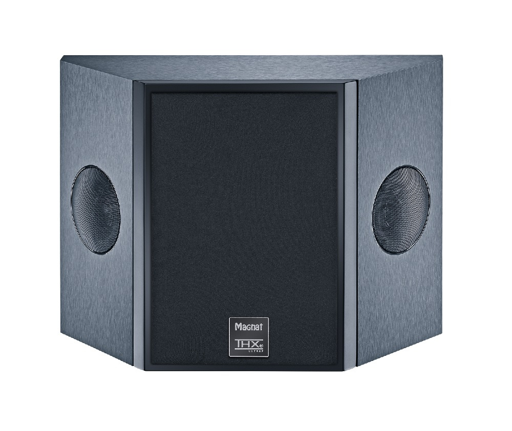 Högtalare med svart front, hörndesign och THX-certifiering.
