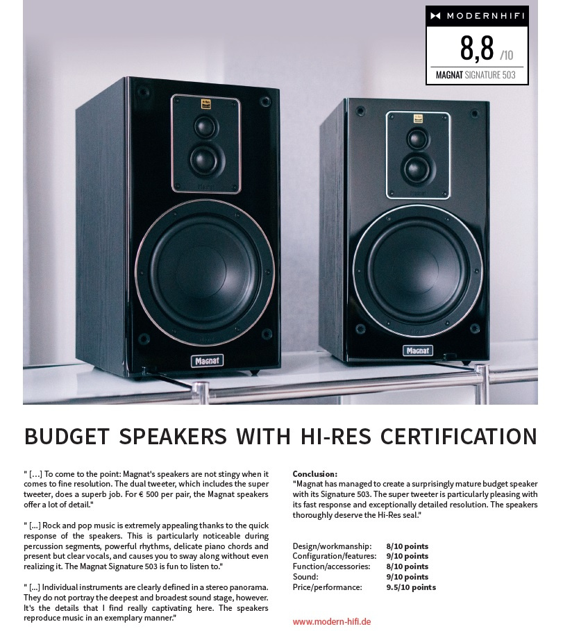 Stativhögtalare i svart med modern design och högupplöst certifiering.