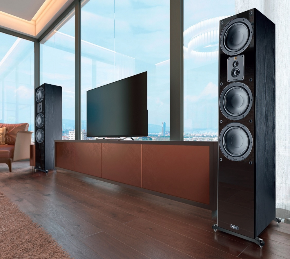 Två svarta golvhögtalare bredvid en TV i modern interiör.