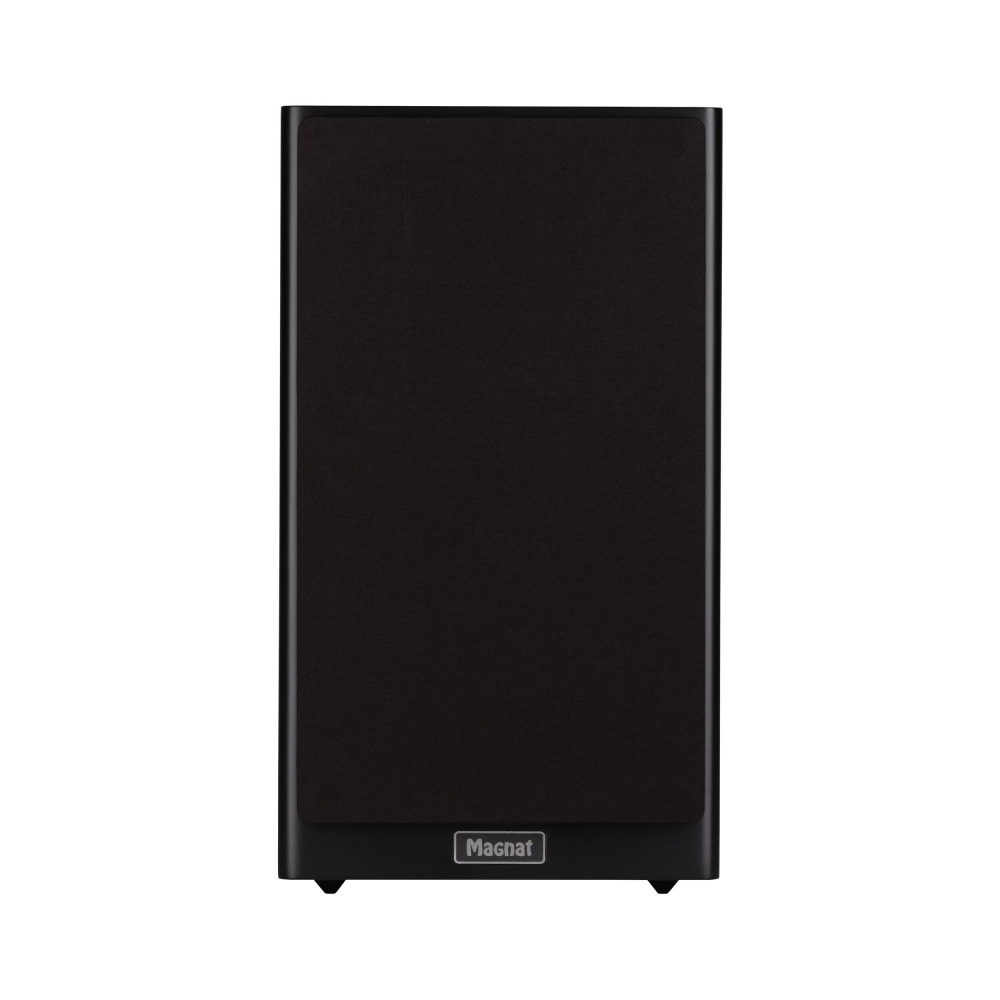 Mattsvarta stativhögtalare med en enkel design och tygfront.