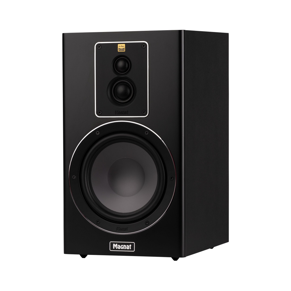 Stativhögtalare i mattsvart finish, med två högtalarelement och elegant design.