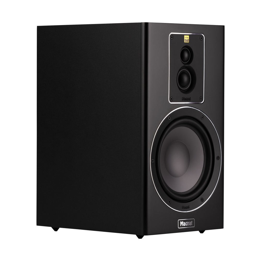 Stativhögtalare i mattsvart med två högtalarelement och elegant design.