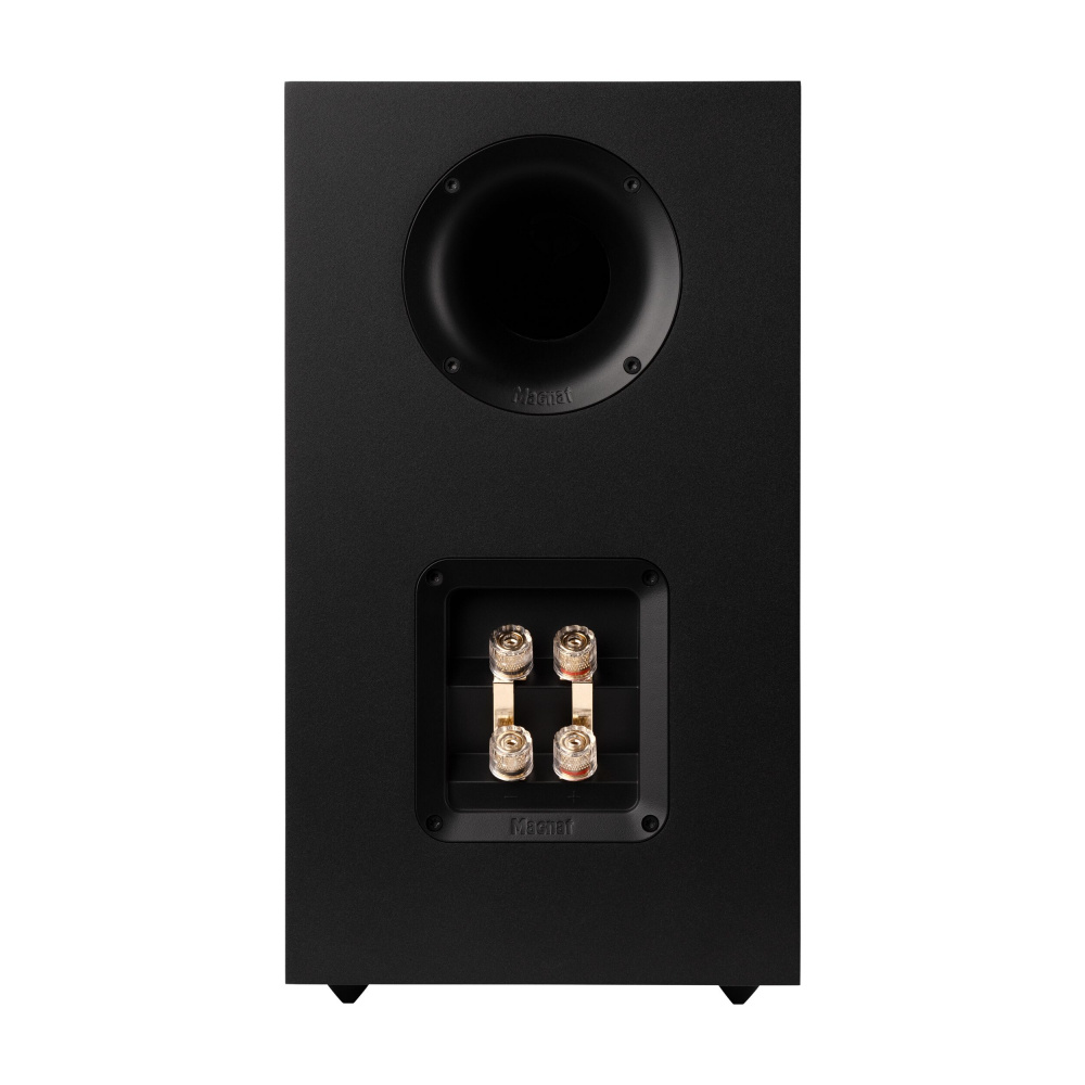 Stativhögtalare i mattsvart med basreflex och kopplingsterminaler.