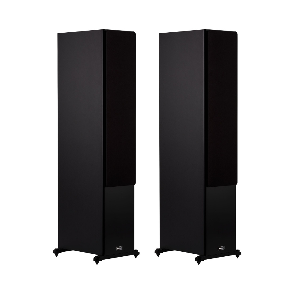 Svart golvhögtalare i par, stilren och minimalistisk design.