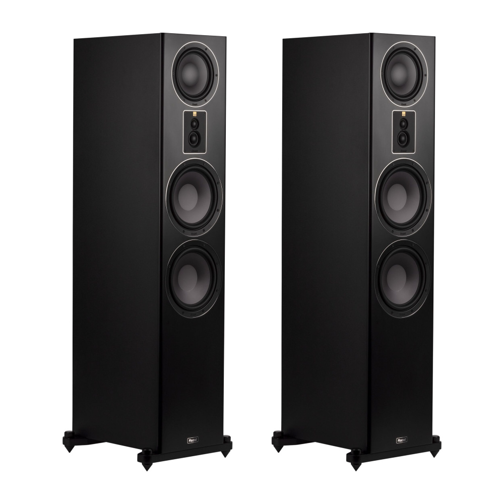 Två mattsvarta golvhögtalare med flera element.
