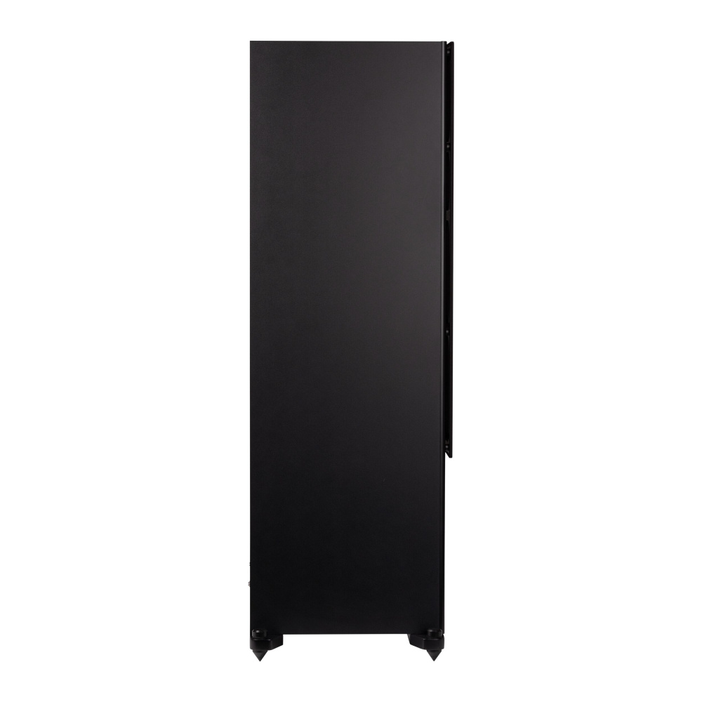 Svart golvhögtalare med enkel och stilren design.