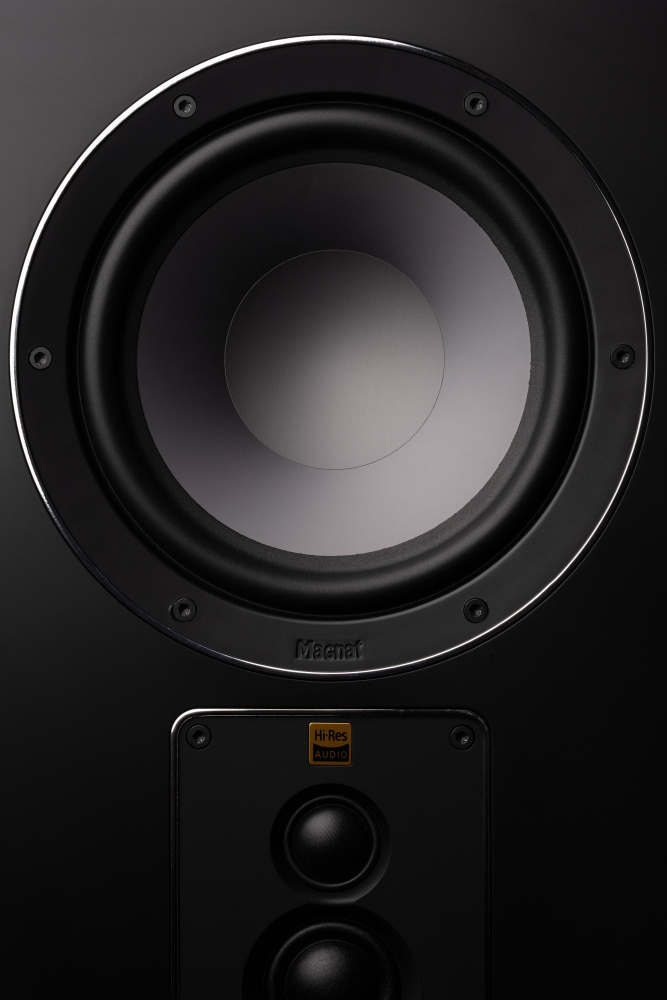 Golvhögtalare med rund bas och diskant, mattsvart finish.