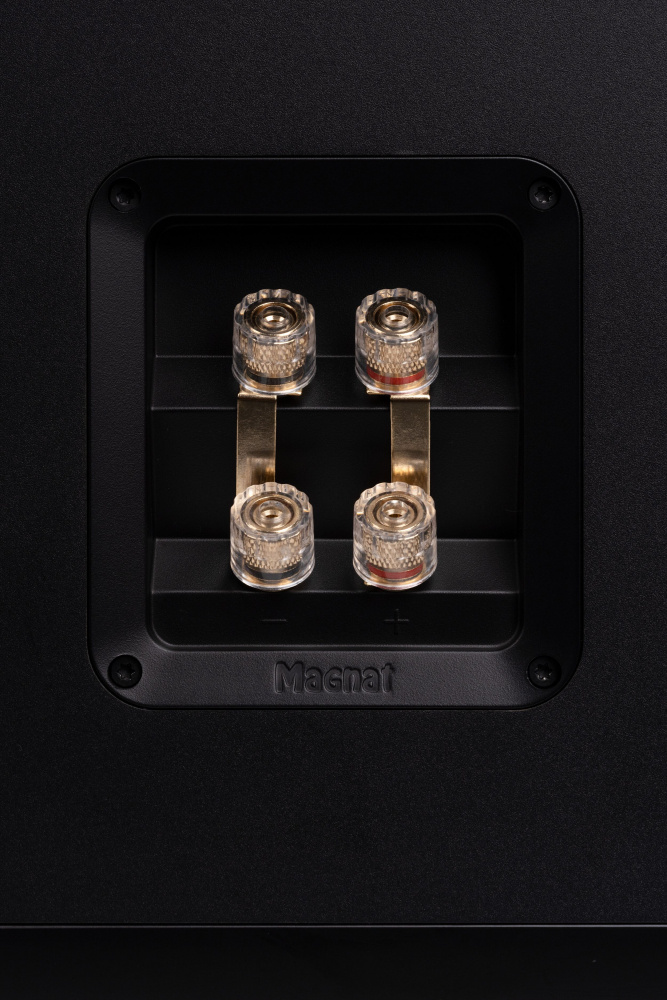 Högtalartillbehör med anslutningsterminaler i guld och mattsvart finish.