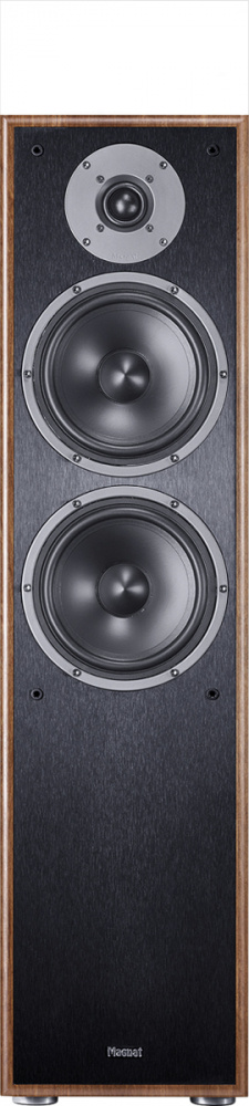 Golvhögtalare med valnötsfinish och Dolby Atmos, två basenheter och diskant.