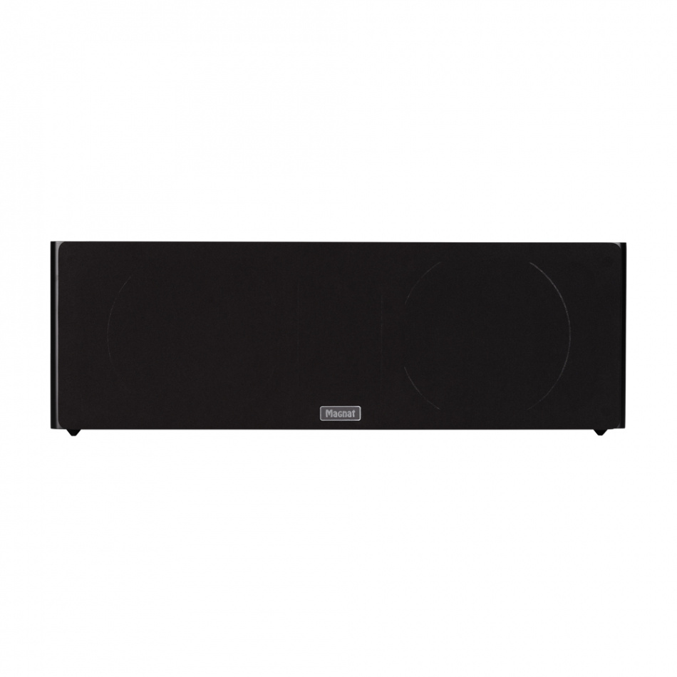 Mattsvart centerhögtalare med avlång design och rundade högtalarelement.