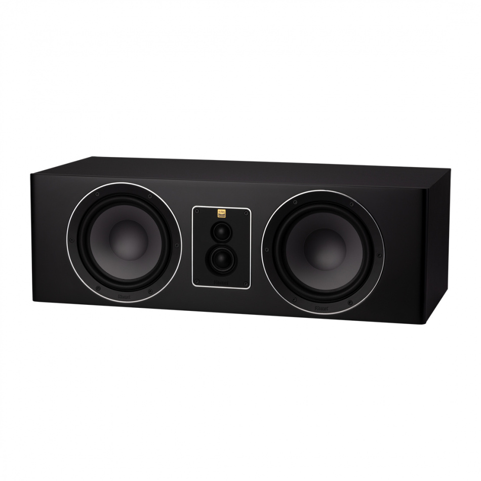 Mattsvart centerhögtalare med två stora basar och en diskant i mitten.
