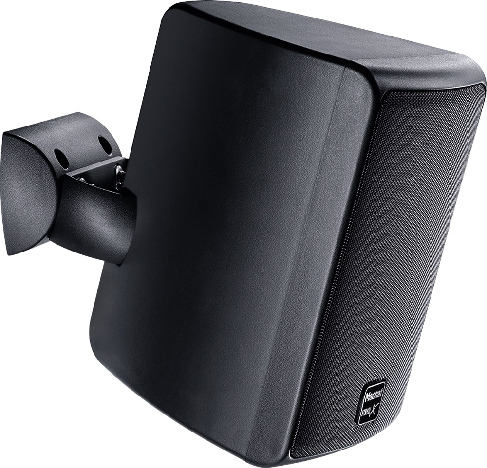 Svart utomhushögtalare med väggfäste, kompakt design och hög ljudkvalitet.