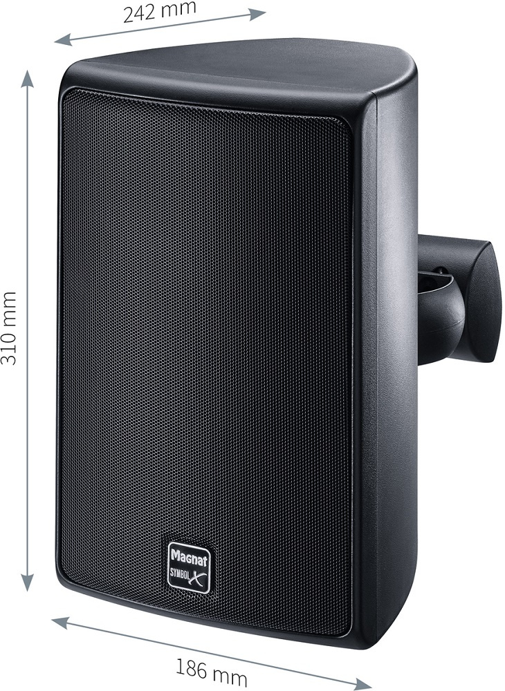 Svart utomhushögtalare med mått och grill. Designad för väggmontering.