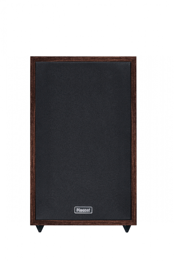Retroinspirerad aktiv högtalare med mörk träfinish och svart front.