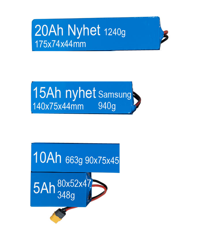 Batterier med olika kapaciteter och mått, märkta för specifik användning.