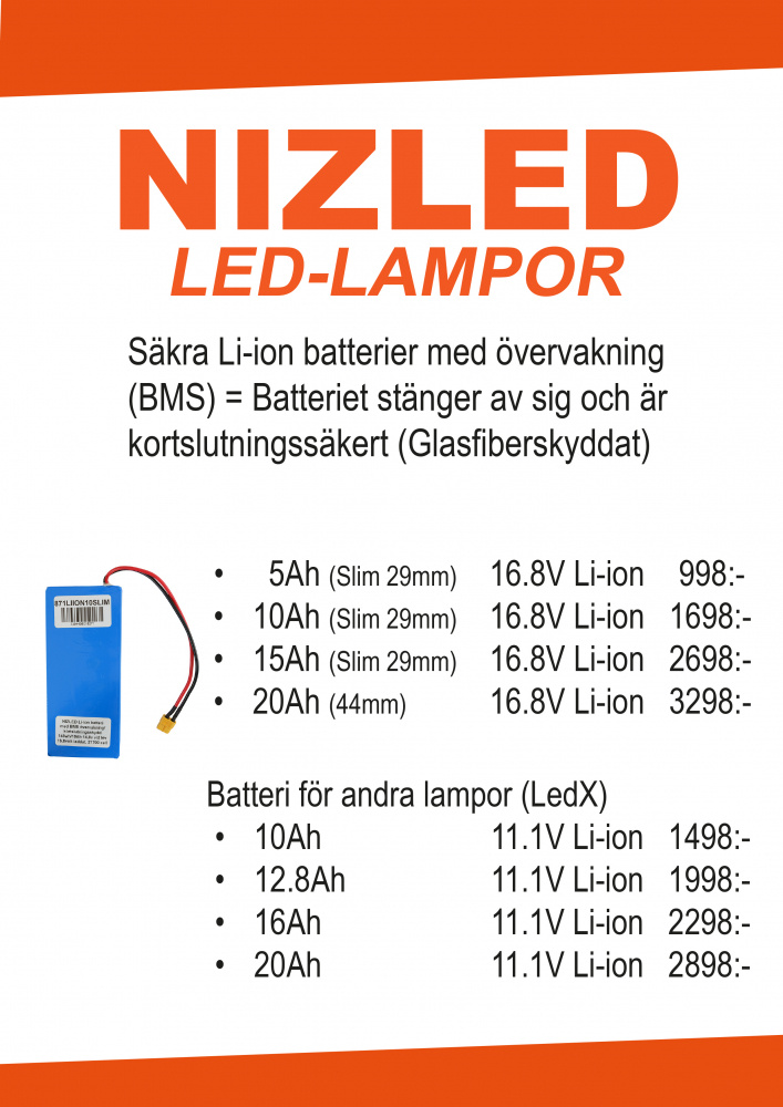 Produktinformation om Nizled hjälmkit och Li-ion batterier med priser.