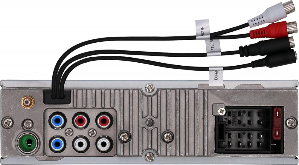 Bakpanelen på en bilstereo med anslutningar för ljud och ström.