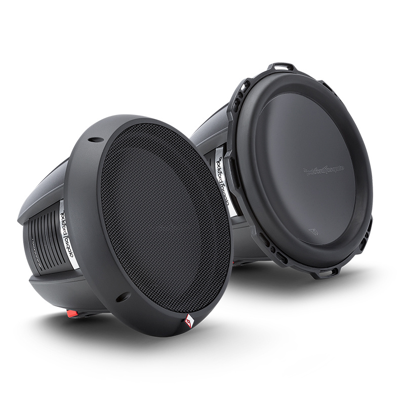 Två subwoofers från Rockford Fosgate T1D412 i svart design.