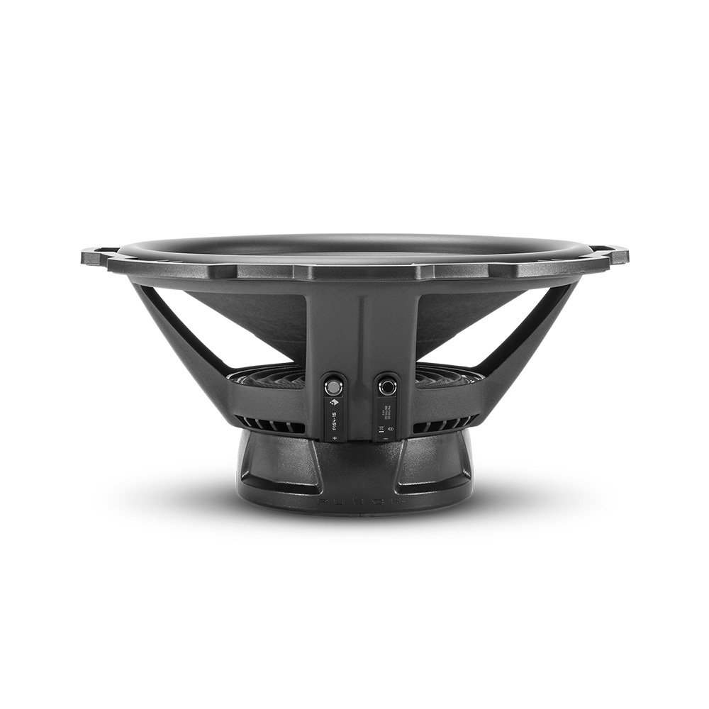 En subwoofer med svart hölje och två kontroller.