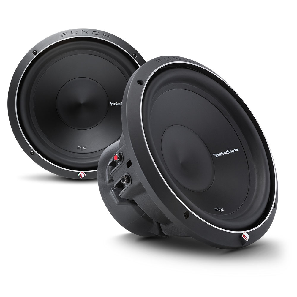 Två subwoofers från Rockford Fosgate med rund design.