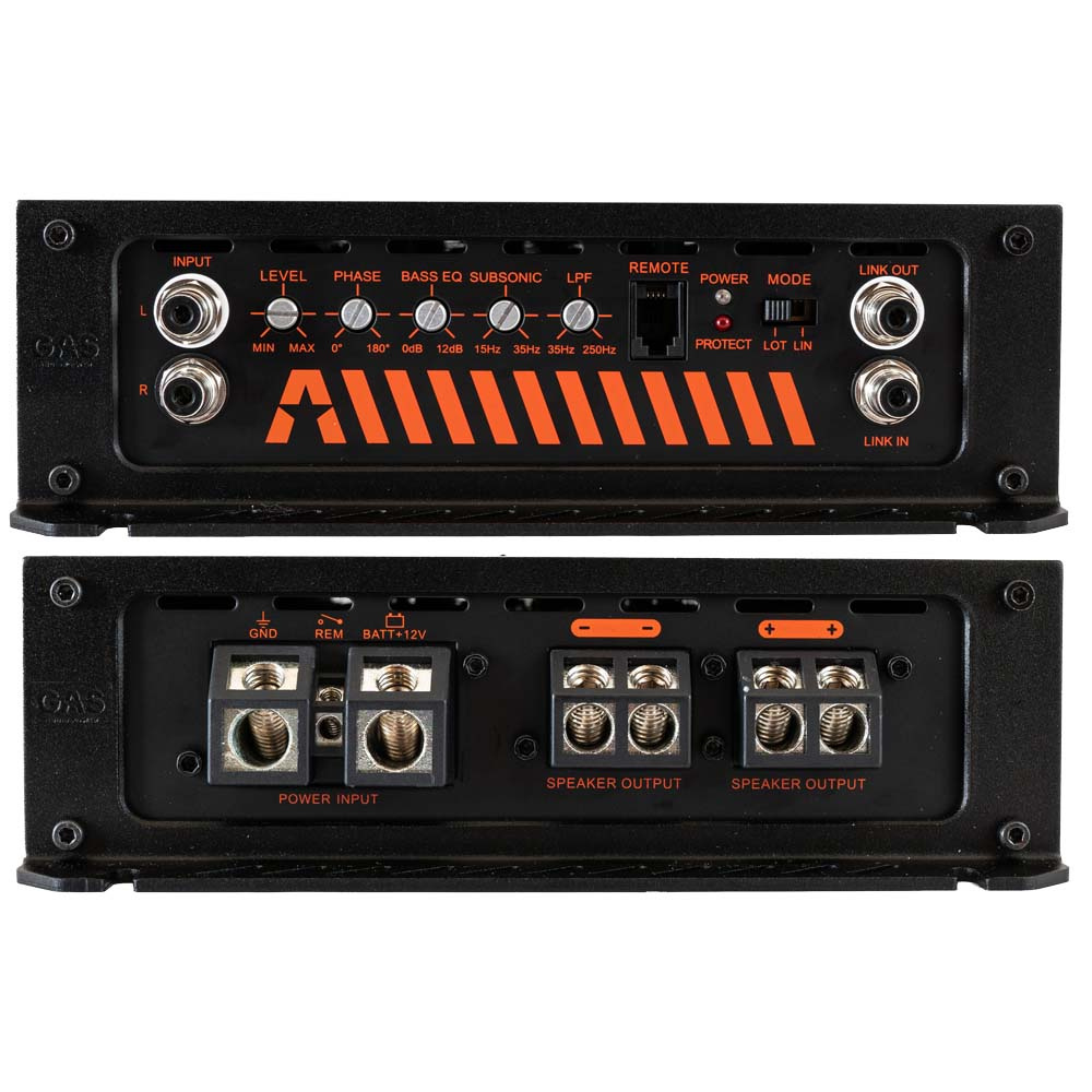 Basförstärkare med kontroller och anslutningar för ljudsystem.