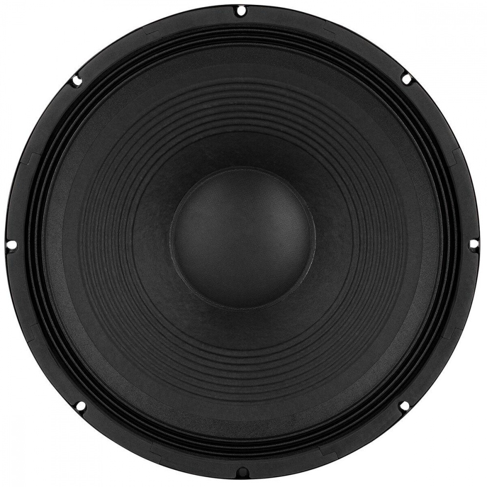 En stor svart högtalare med kon och galler, designad för bas- och midbasljud.