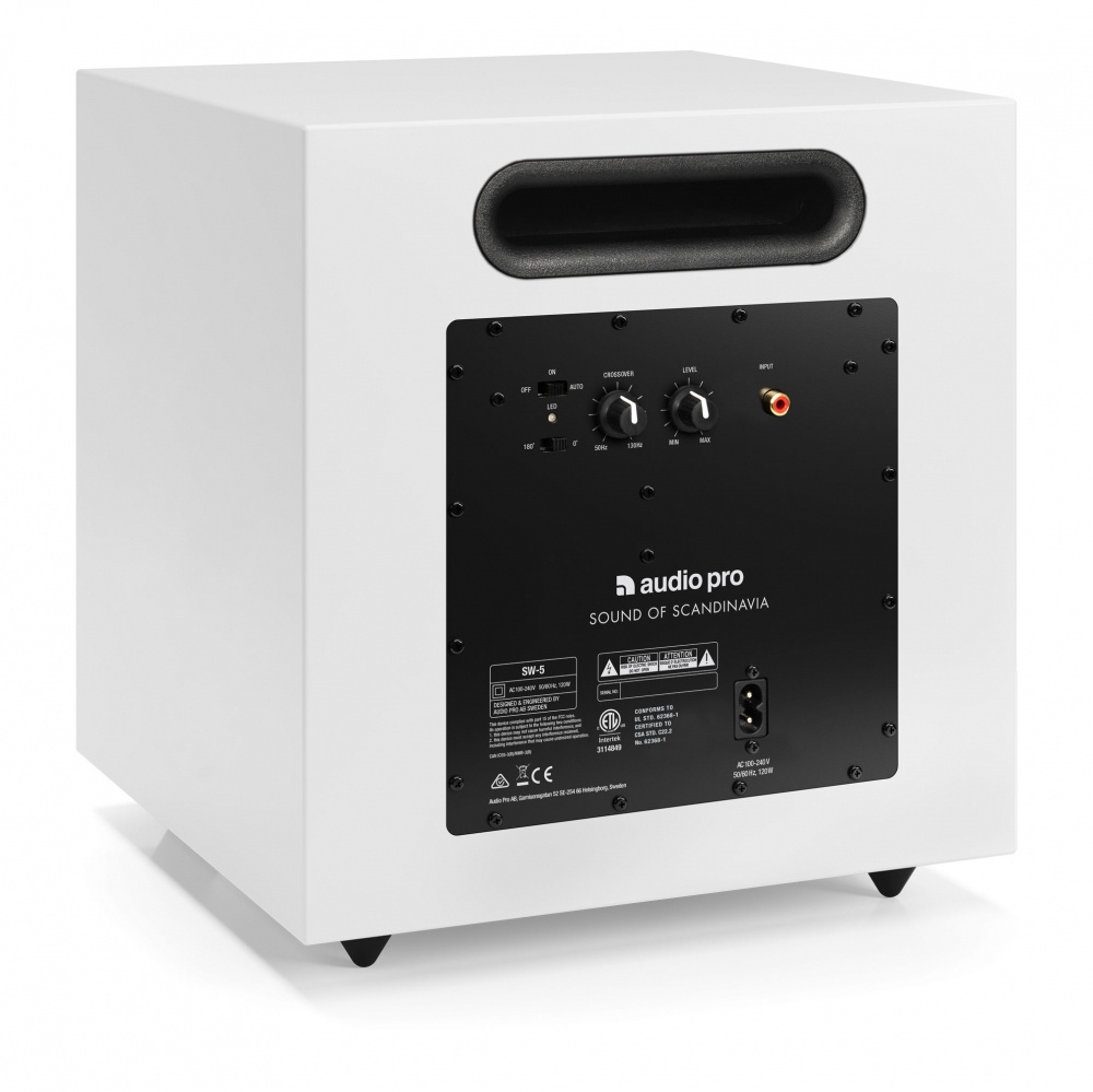 Audio Pro A28 W i vitt med SW-5, aktivt 2.1 högtalarpaket