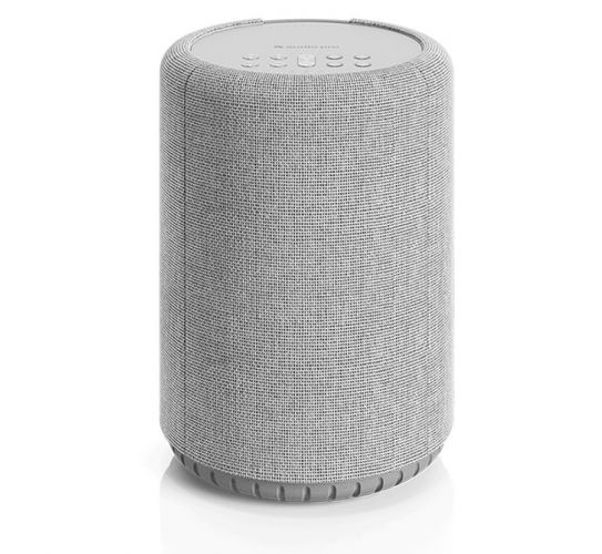 En cylindrisk grå högtalare med kontroller på toppen.