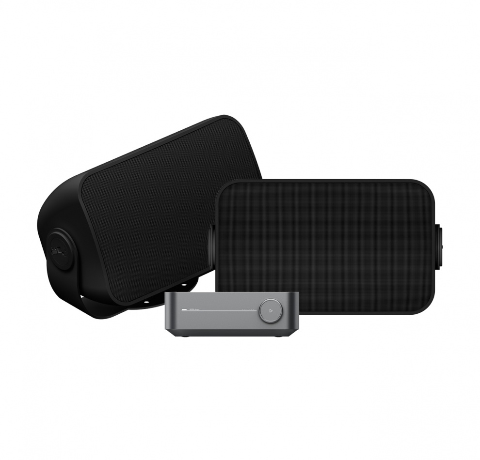 Wiim Amp Pro & svarta utomhushögtalare från Sonos och Sonance, par