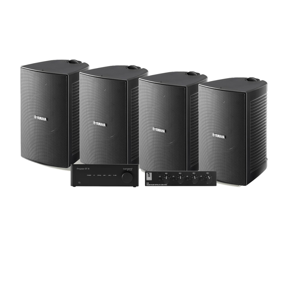 4-pack Yamaha NS-AW294 med Tangent Ampster BT III och högtalarväxel, utomhuspaket