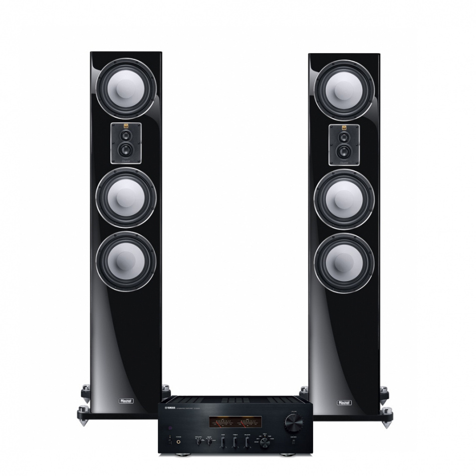 Stereoanläggning med två högtalare och en förstärkare.